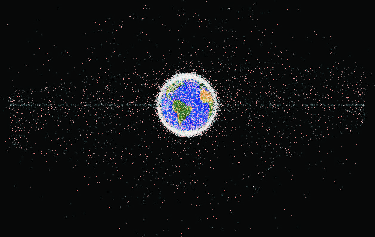 Computer-generated image from ~35,785 km altitude vantage point of objects in geostationary orbit currently being tracked (orbital debris makes up 95 percent of objects in image). Dots are not to scale and represent current location of each item as of January 1, 2019 (NASA Orbital Debris Program Office)